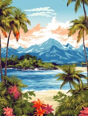 Fototapeta na wymiar Beautiful tropical scene with mountains in background