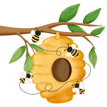 recommend clip art: Yellow honey hive with cute bees hanging on a tree branch