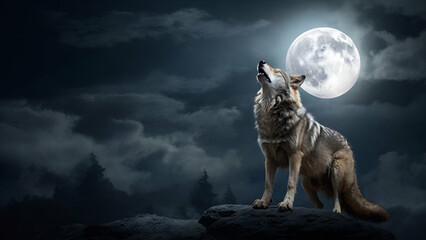 wolf howling at the moon - obrazy, fototapety, plakaty