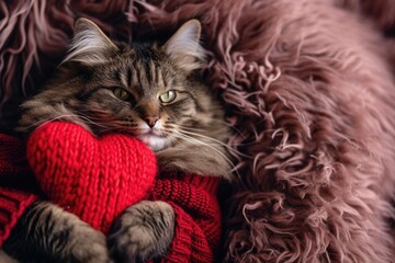Naklejka premium Cat is holding red heart in its mouth