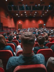 Man sits in red chair in crowded theater