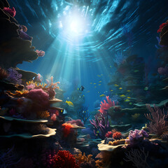 Fototapeta na wymiar Underwater Odyssey: An Immersive CG Portrait of Marine Life in its Pristine Environs