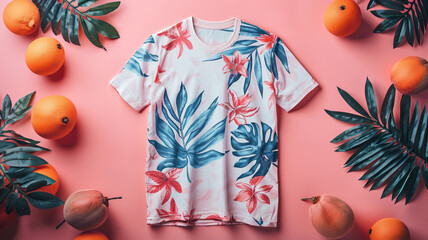 a t-shirt mockup with jungle leaf and fruit patterns on a pastel pink background,generative ai - obrazy, fototapety, plakaty