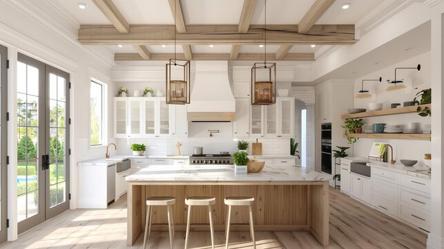 Bright and airy modern farmhouse kitchen with spacious layout, showcasing a perfect blend of rustic charm and contemporary elegance. Inviting heart of the home for gathering and culinary creations.