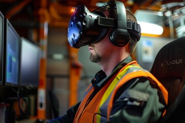 A virtual reality safety training simulator immersing workers in hazardous scenarios to practice safety protocols and emergency responses. - obrazy, fototapety, plakaty