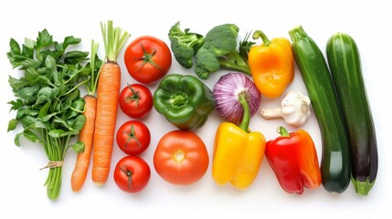 Colorful and fresh vegetables arranged on a white background, creating a healthy food concept