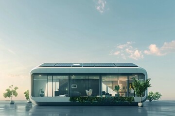 Futuristic generic smart home with solar panels rooftop system for renewable energy concepts as wide banner with copy space area