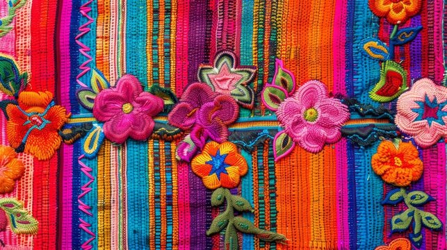 Colorful traditional Hispanic textile with intricate patterns and vibrant hues