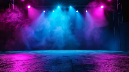Fototapeta na wymiar Dark stage with empty blue, purple, and pink background, illuminated by neon lights and spotlights, featuring a smoky atmosphere and asphalt floor texture, perfect for product displays