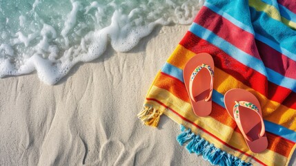 Beachside Leisure: Flip-Flops on a Vibrant Towel with Copy Space Available