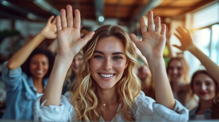 Joyful Togetherness: Smiling Woman with Raised Hands