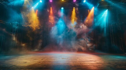 Dramatic theater stage illuminated by colorful spotlights and smoke effects