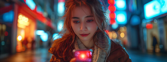 Seamless tech integration: woman, smartphone, data analytics,generative ai