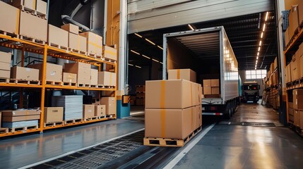 Efficient delivery process with boxes being packed and loaded onto a large truck outside the warehouse