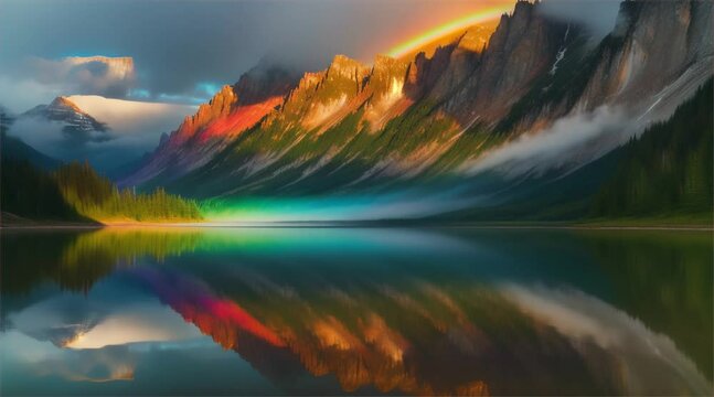 Mirror-like lake reflecting a perfect rainbow after a storm, vivid colors