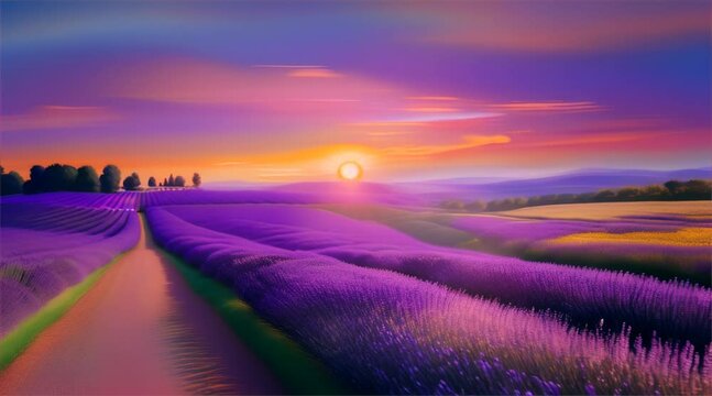 Sunset over a lavender field, impressionist style
