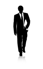 Silhouette, business man or walking by white background with file, professional or working in...