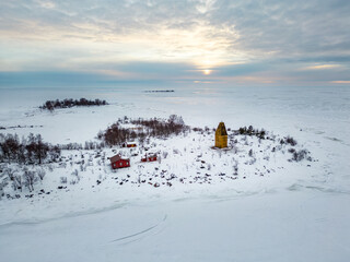 Tasku island in Raahe during winter time. The beacon tower was built in 1853.