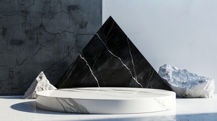 A white marble table sits atop a black marble base in a sleek and modern design, contrasting the two distinct marble colors