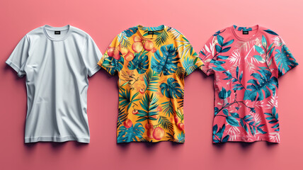 a t-shirt mockup with jungle leaf and fruit patterns on a pastel pink background,generative ai