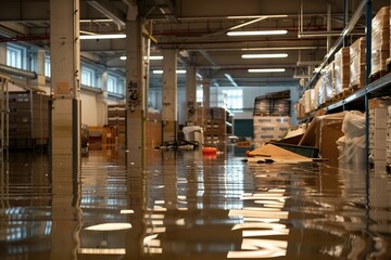 Aftermath of a flood inside a warehouse, water damaged industrial building