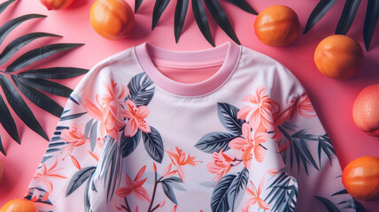 a t-shirt mockup with jungle leaf and fruit patterns on a pastel pink background,generative ai - obrazy, fototapety, plakaty