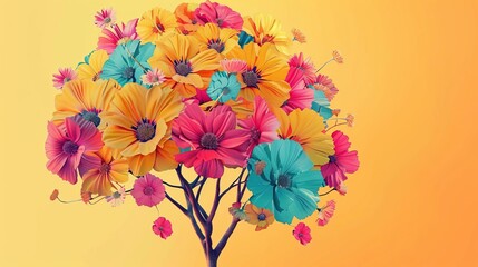 Human brain tree concept illustration with vibrant flowers, symbolizing the importance of self-care, mental health, positive thinking, and nurturing a creative mind for personal growth and well-being. - obrazy, fototapety, plakaty