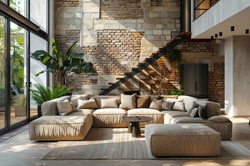 Architectural photography of a modern livingroom. Modern style interior design idea, loft conversion