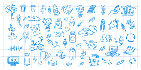 Set of ecology. Hand-drawn doodle vector illustration on background of checkered notebook sheet. Ecology problem, recycling and energy blue icons. Environmental symbols..