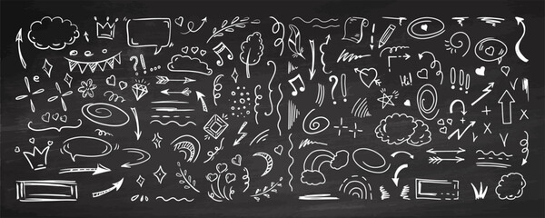 Simple sketch line style elements. Doodle cute ink pen line elements isolated on chalkboard background. Doodle arrow, heart, star, decoration symbol, white icon set. Vector illustration. © Mariia Mazaeva