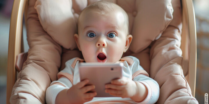 Baby toddler kid holding mobile smartphone with shocked facial expression. Kid watching prohibited content. Child gadget addiction parent control protection concept