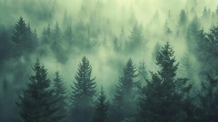 Misty landscape featuring a dense fir forest, captured in a vintage, retro style that evokes a...
