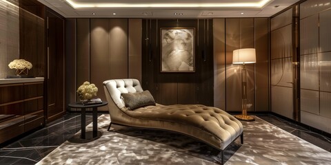 A contemporary bedroom with a plush velvet chaise lounge, accentuated by a sleek side table and floor lamp, bathed in the warm glow of recessed lighting against a backdrop of modern decor.