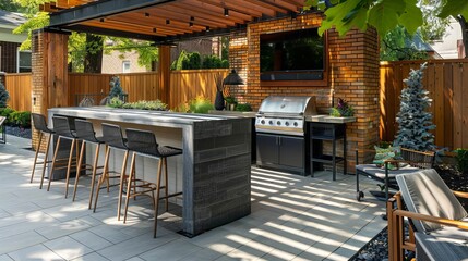 Outdoor entertainment area with built-in barbecue and bar setup for hosting gatherings - obrazy, fototapety, plakaty