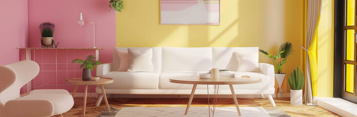 living room interior with pastel yellow and pink walls, wooden floor, sofa in white color, armchair and dining table in light wood, soft lighting, colorful decorations, Scandinavian style