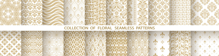 Geometric floral set of seamless patterns. White and golden vector backgrounds. Damask graphic ornaments