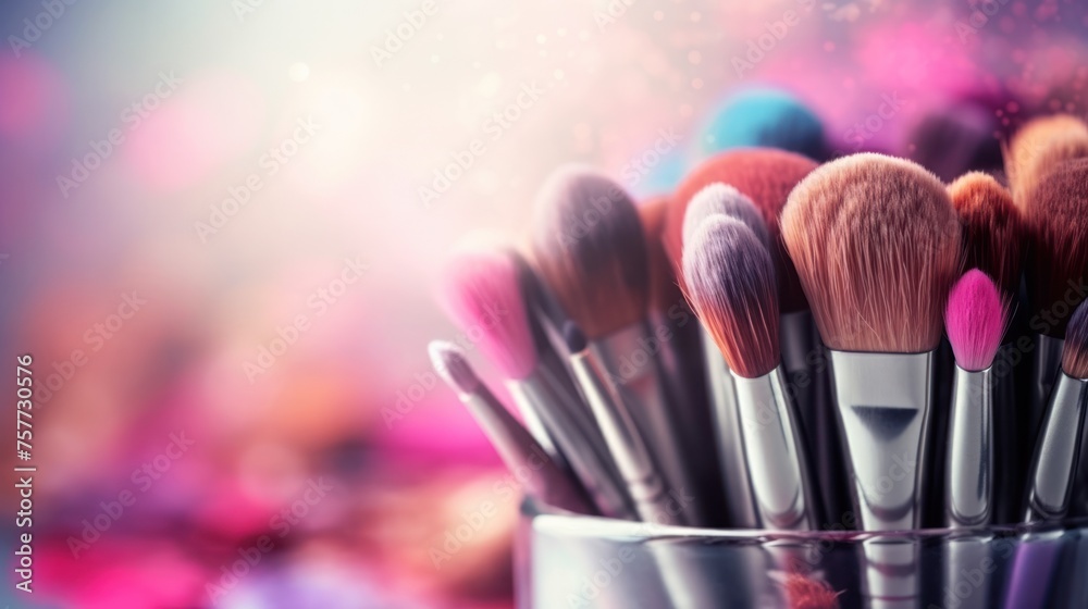 Poster make-up cosmetics brushes on a table. beauty background.