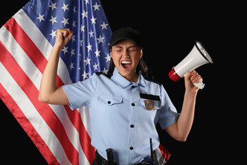 Screaming female police officer with megaphone and flag of USA on black background