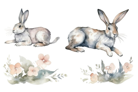 woodland bunny wildlife forest painted Watercolor hare Hand cute Wild rabbit animals