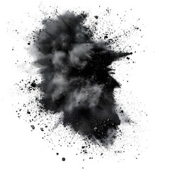 Black chalk pieces and dust flying, effect explode isolated on white and transparent background