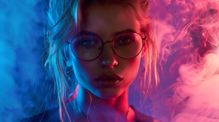 Stylish young female model with blonde hair and glasses, surrounded by atmospheric neon lighting and smoke effects