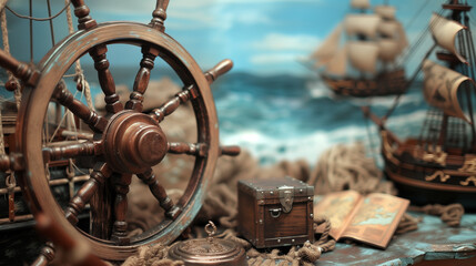 Fototapeta premium A ship's wheel and map guide the journey.