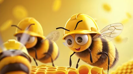 Fotobehang bees big head cartoon waer the safety helmet working in their hive © elbanco