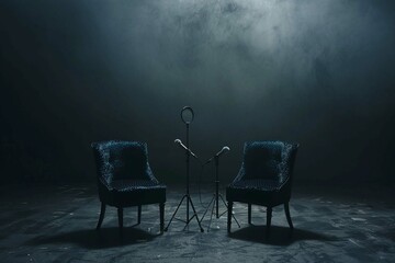 Two chairs and microphones in podcast or interview room isolated on dark background as a wide banner for media conversations or podcast streamers concepts with copyspace