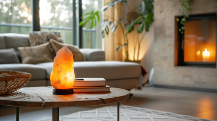 Cozy Living Room with Glowing Himalayan Salt Lamp and Modern Decor - obrazy, fototapety, plakaty