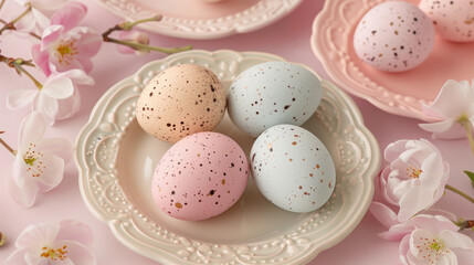 Naklejka na ściany i meble Speckled pastel-colored Easter eggs nestled among delicate spring blossoms present a scene of seasonal charm and renewal on a softly hued plate.