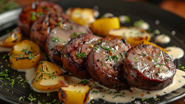 Succulent slices of boudin noir on a plate with golden braised apples drizzled with a creamy sauce