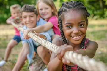 Children playing tug of war in the park. A multiracial group of school kids are having fun outdoors, happily laughing and cheerful while hanging out together on summer vacation at the playground - obrazy, fototapety, plakaty