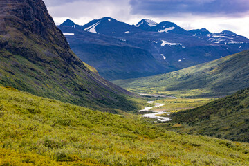 A beautiful Rapa river Rapadalen landscape with native plants. A mountain river from above in Sarek National Park, Sweden. Summer sceney of Northern Europe.