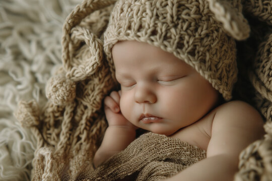 A peaceful newborn wrapped in a cozy knit hat and blanket